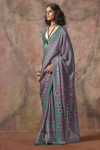 Ajrakh print satin georgette saree with bandhani combination     ethnic fusion elegance
