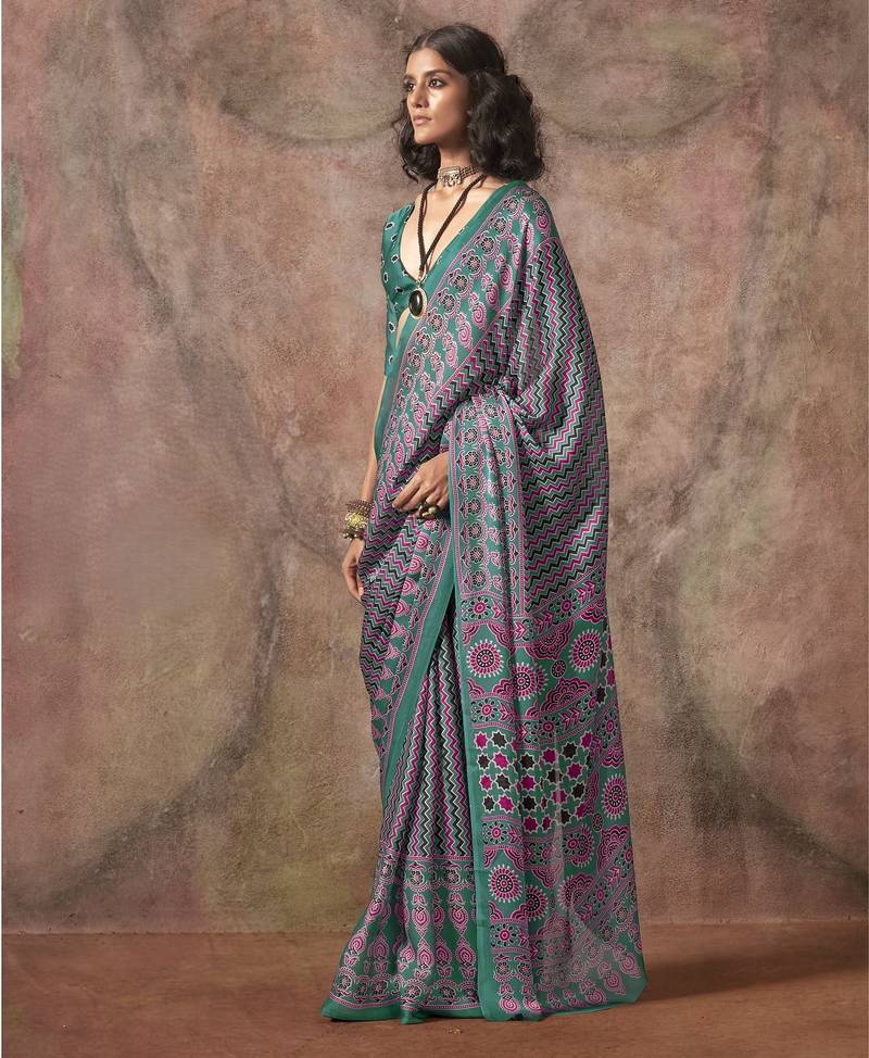 Ajrakh print satin georgette saree with bandhani combination – ethnic fusion elegance