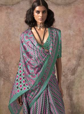 Ajrakh print satin georgette saree with bandhani combination  ethnic fusion elegance 2