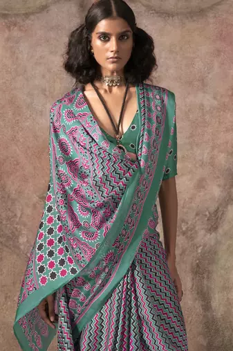 Ajrakh print satin georgette saree with bandhani combination  ethnic fusion elegance