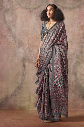 Ajrakh print satin georgette saree with bandhani combination     ethnic fusion elegance