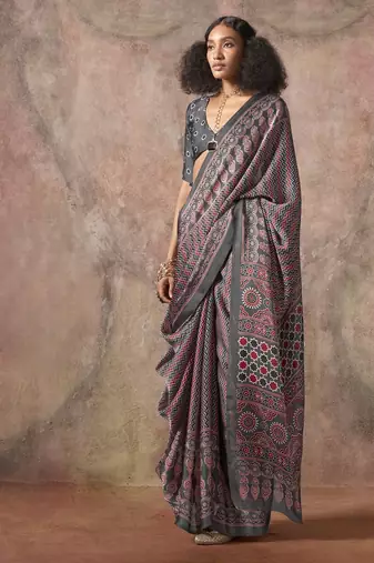 Ajrakh print satin georgette saree with bandhani combination – ethnic fusion elegance