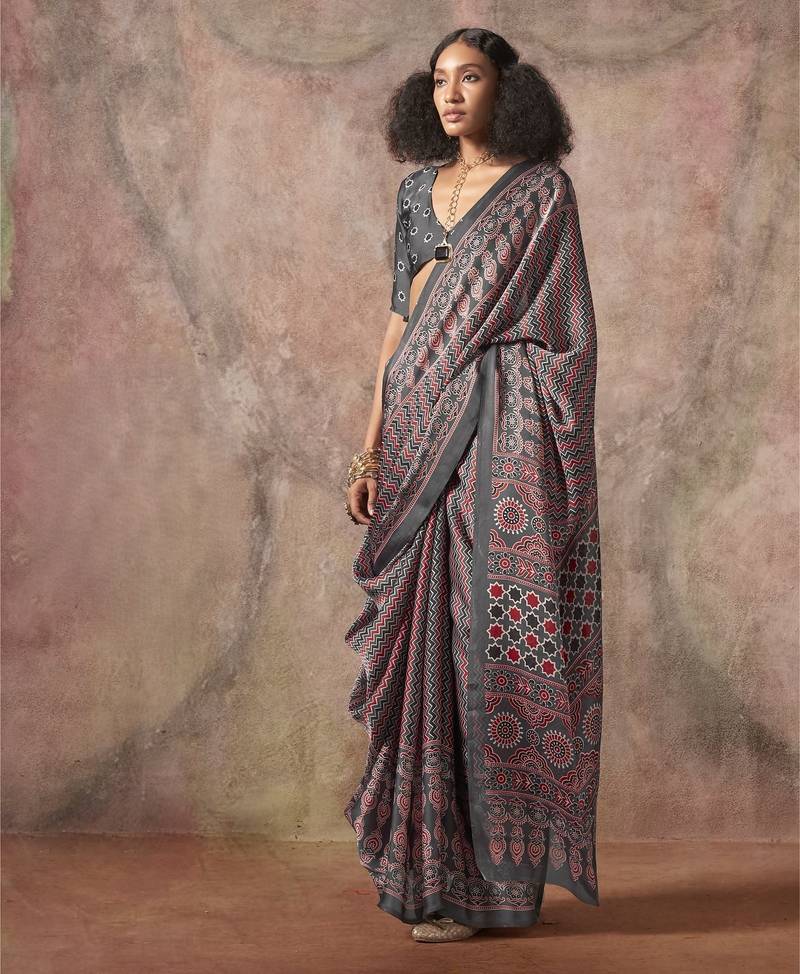 Ajrakh print satin georgette saree with bandhani combination – ethnic fusion elegance