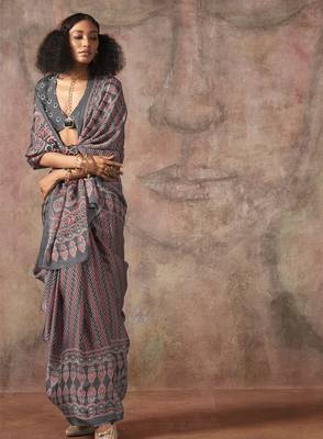 Ajrakh print satin georgette saree with bandhani combination  ethnic fusion elegance 2