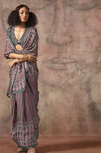 Ajrakh print satin georgette saree with bandhani combination  ethnic fusion elegance