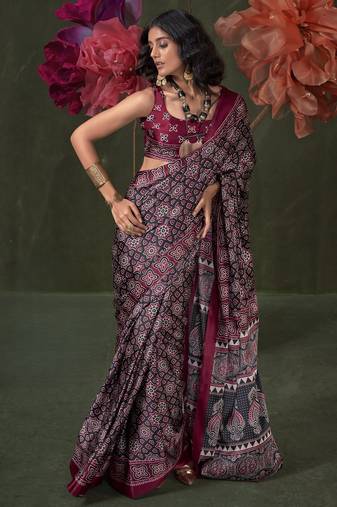 Printed ajrakh satin crepe saree – traditional art with a modern touch