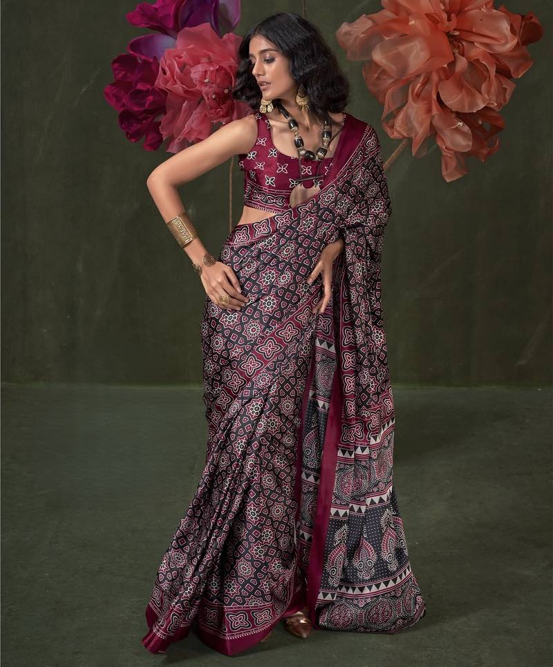 Printed ajrakh satin crepe saree – traditional art with a modern touch