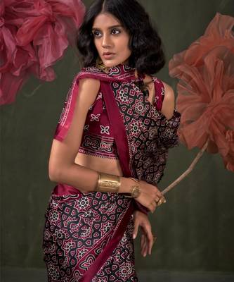 Printed ajrakh satin crepe saree art with a modern touch 3