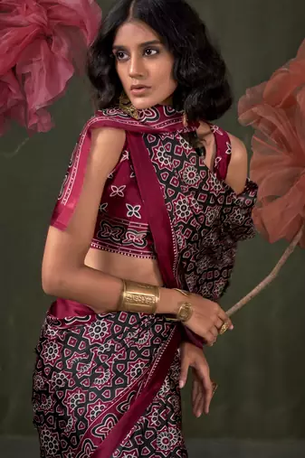 Printed ajrakh satin crepe saree  art with a modern touch