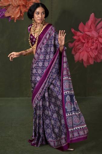 Printed ajrakh satin crepe saree – traditional art with a modern touch