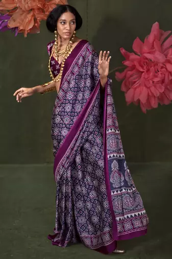 Printed ajrakh satin crepe saree – traditional art with a modern touch