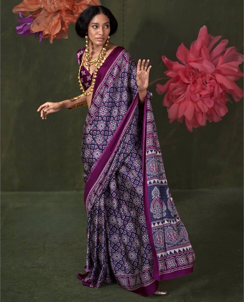 Printed ajrakh satin crepe saree – traditional art with a modern touch