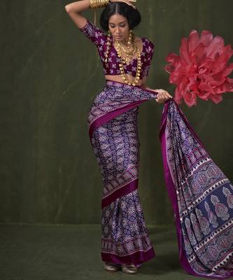 Printed ajrakh satin crepe saree art with a modern touch 2