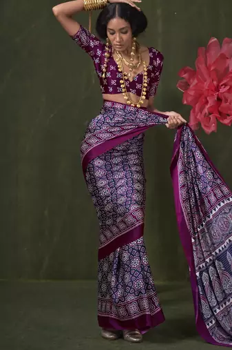 Printed ajrakh satin crepe saree  art with a modern touch