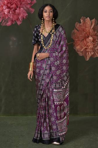 Printed ajrakh satin crepe saree – traditional art with a modern touch