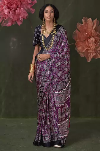 Printed ajrakh satin crepe saree – traditional art with a modern touch