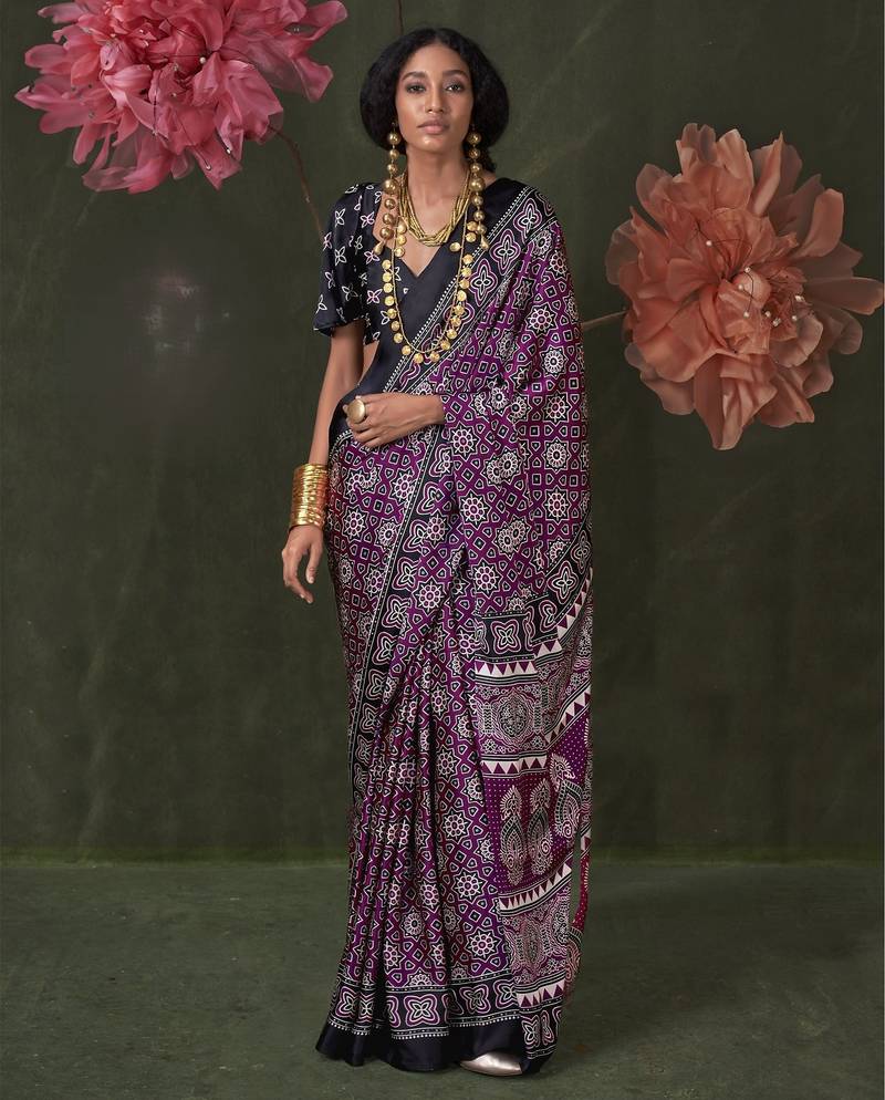 Printed ajrakh satin crepe saree – traditional art with a modern touch