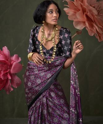 Printed ajrakh satin crepe saree art with a modern touch 2