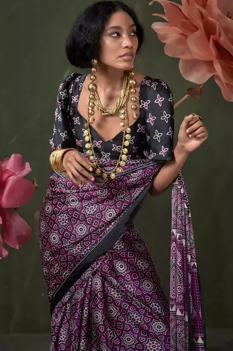 Printed ajrakh satin crepe saree  art with a modern touch