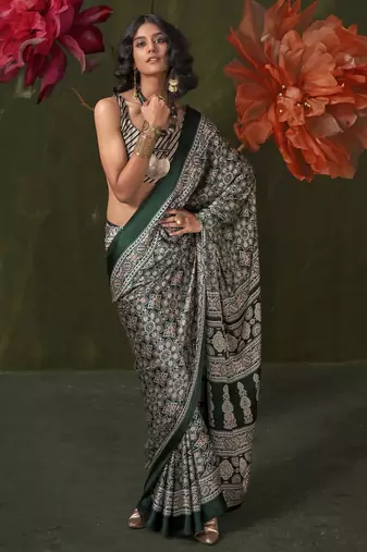 Printed ajrakh satin crepe saree – traditional art with a modern touch