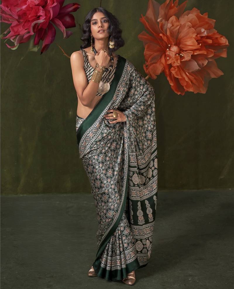 Printed ajrakh satin crepe saree – traditional art with a modern touch