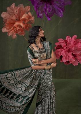Printed ajrakh satin crepe saree art with a modern touch 2