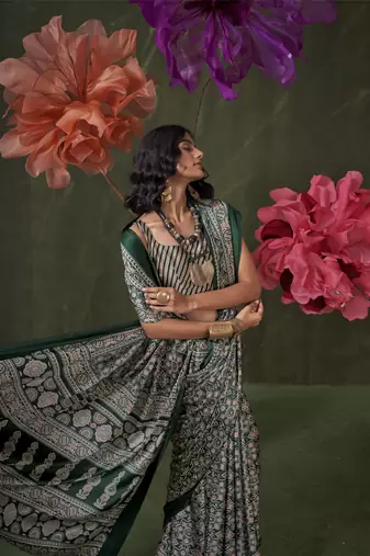 Printed ajrakh satin crepe saree  art with a modern touch