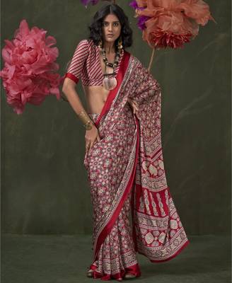 Printed ajrakh satin crepe saree art with a modern touch 1