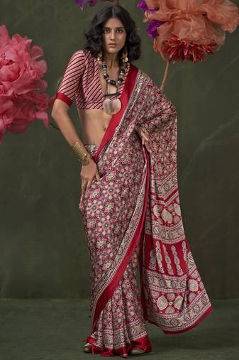 Printed ajrakh satin crepe saree – traditional art with a modern touch