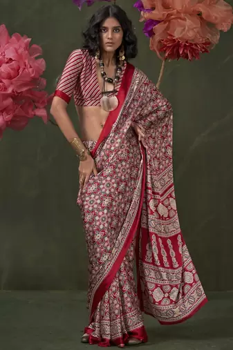 Printed ajrakh satin crepe saree – traditional art with a modern touch