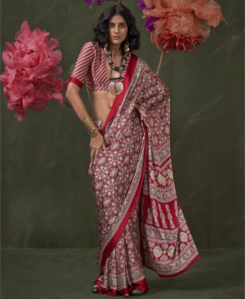 Printed ajrakh satin crepe saree – traditional art with a modern touch
