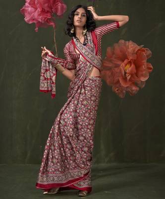 Printed ajrakh satin crepe saree art with a modern touch 2
