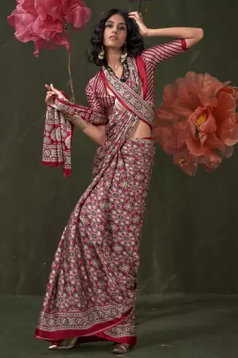 Printed ajrakh satin crepe saree  art with a modern touch