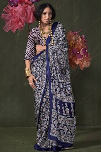 Printed ajrakh satin crepe saree – traditional art with a modern touch