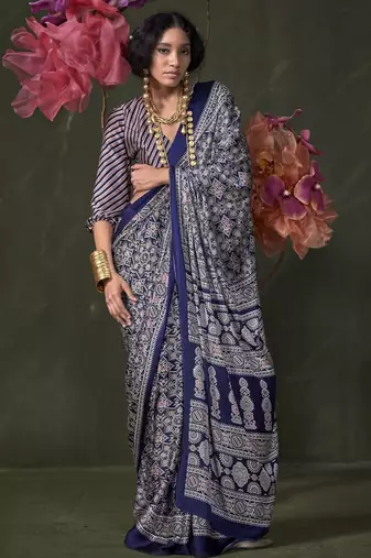 Printed ajrakh satin crepe saree – traditional art with a modern touch