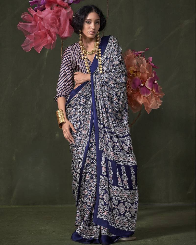 Printed ajrakh satin crepe saree – traditional art with a modern touch