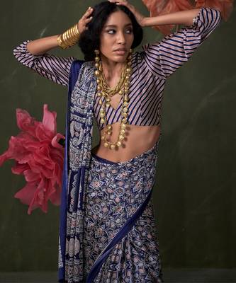 Printed ajrakh satin crepe saree art with a modern touch 2