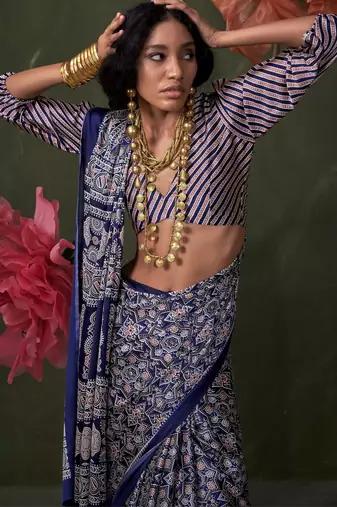 Printed ajrakh satin crepe saree  art with a modern touch