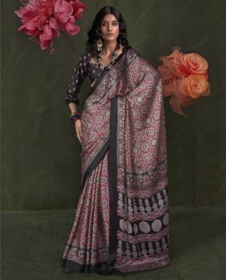 Printed ajrakh satin crepe saree art with a modern touch 1