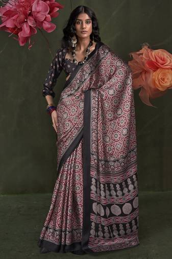 Printed ajrakh satin crepe saree – traditional art with a modern touch