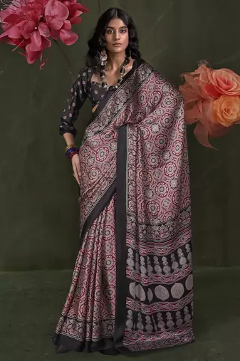Printed ajrakh satin crepe saree – traditional art with a modern touch