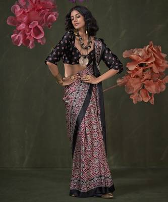 Printed ajrakh satin crepe saree art with a modern touch 2