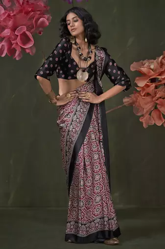 Printed ajrakh satin crepe saree  art with a modern touch