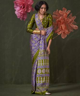 Printed ajrakh satin crepe saree art with a modern touch 1