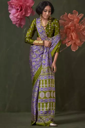Printed ajrakh satin crepe saree – traditional art with a modern touch
