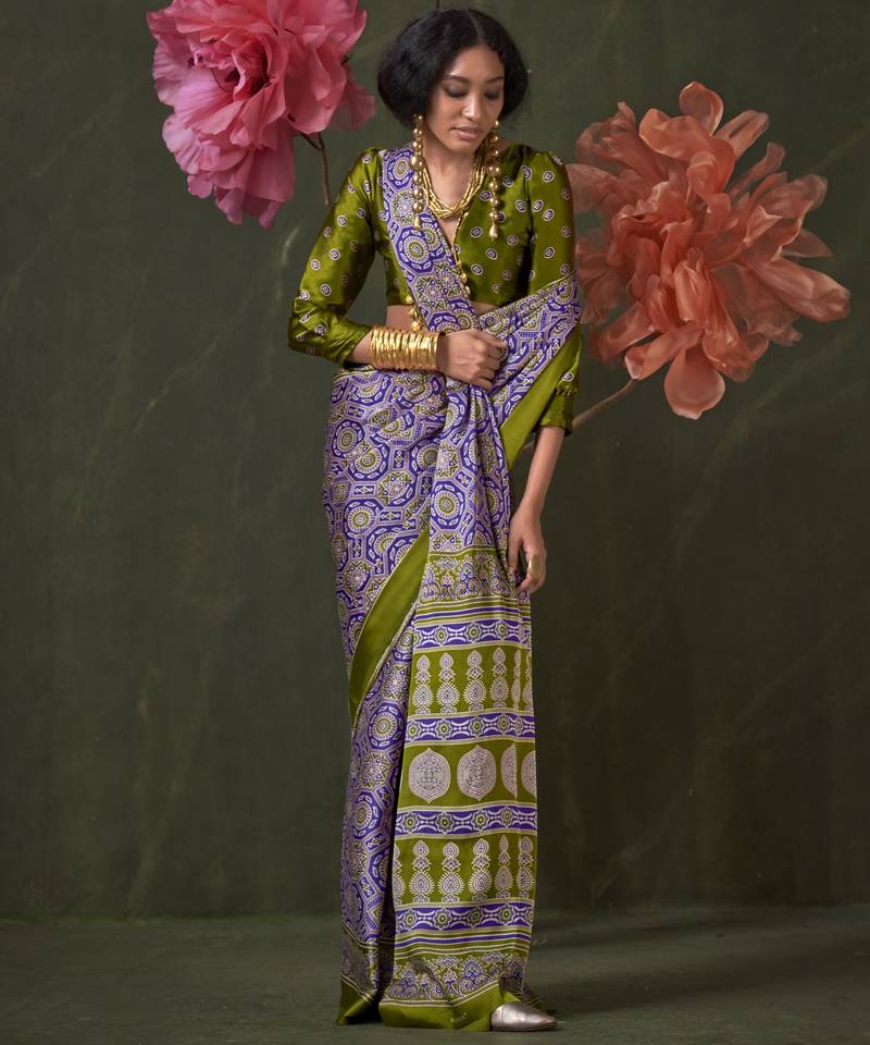 Printed ajrakh satin crepe saree – traditional art with a modern touch