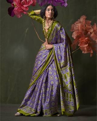 Printed ajrakh satin crepe saree art with a modern touch 2