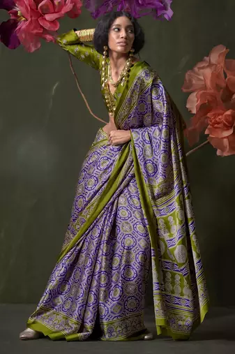 Printed ajrakh satin crepe saree  art with a modern touch