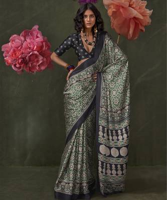 Printed ajrakh satin crepe saree art with a modern touch 1