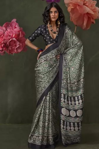 Printed ajrakh satin crepe saree – traditional art with a modern touch